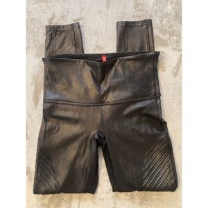 Spanx Leggings Women L Black Faux Leather Moto High Waisted Ribbed Panel Edgy